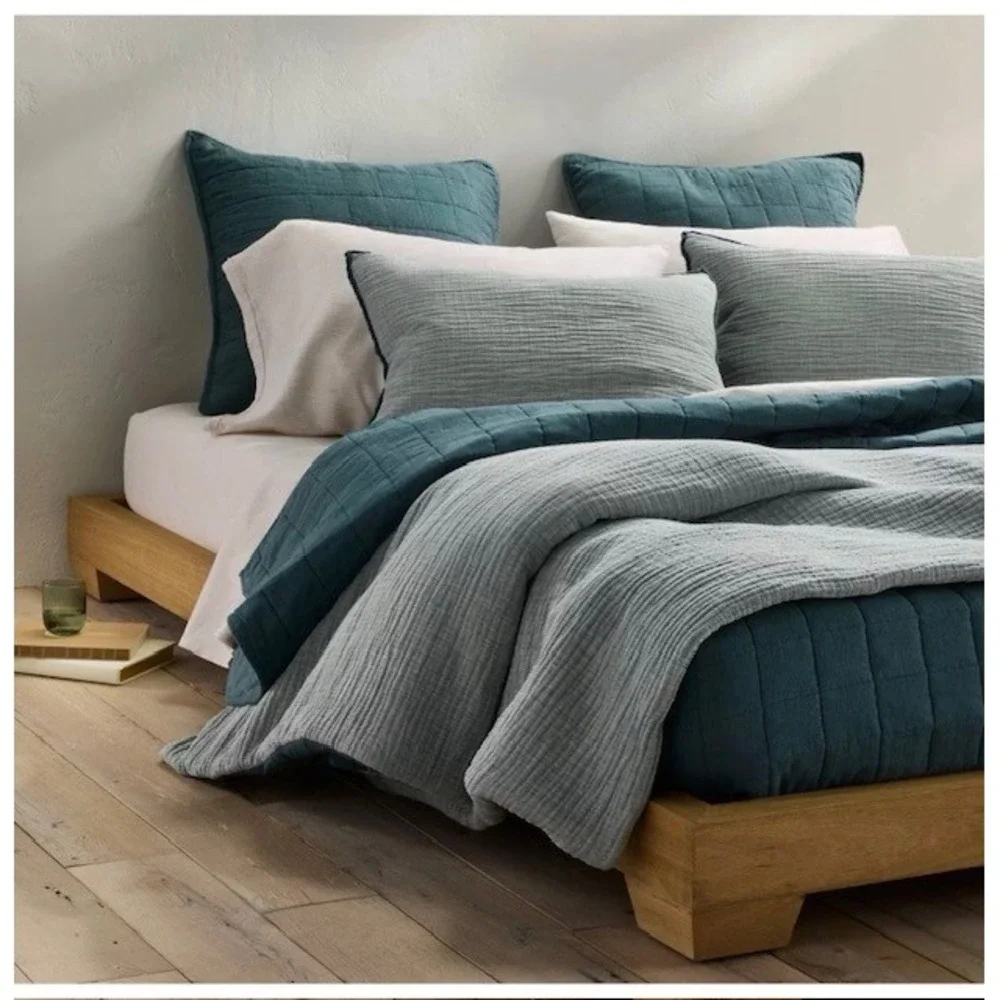 Casaluna Heavyweight Linen Blend Quilt King Plus Dark Teal Box Stitch + 2 shams